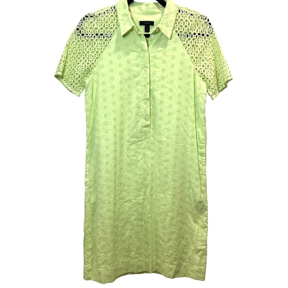 J.Crew Womens Sz 2 Collared Cotton Dress Pockets Lime Green Boho Eyelet Lined